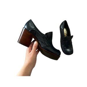 Real 70s Retro Chandlers Chunky Wood Heels Loafers Women 7B Blue Platform Grunge